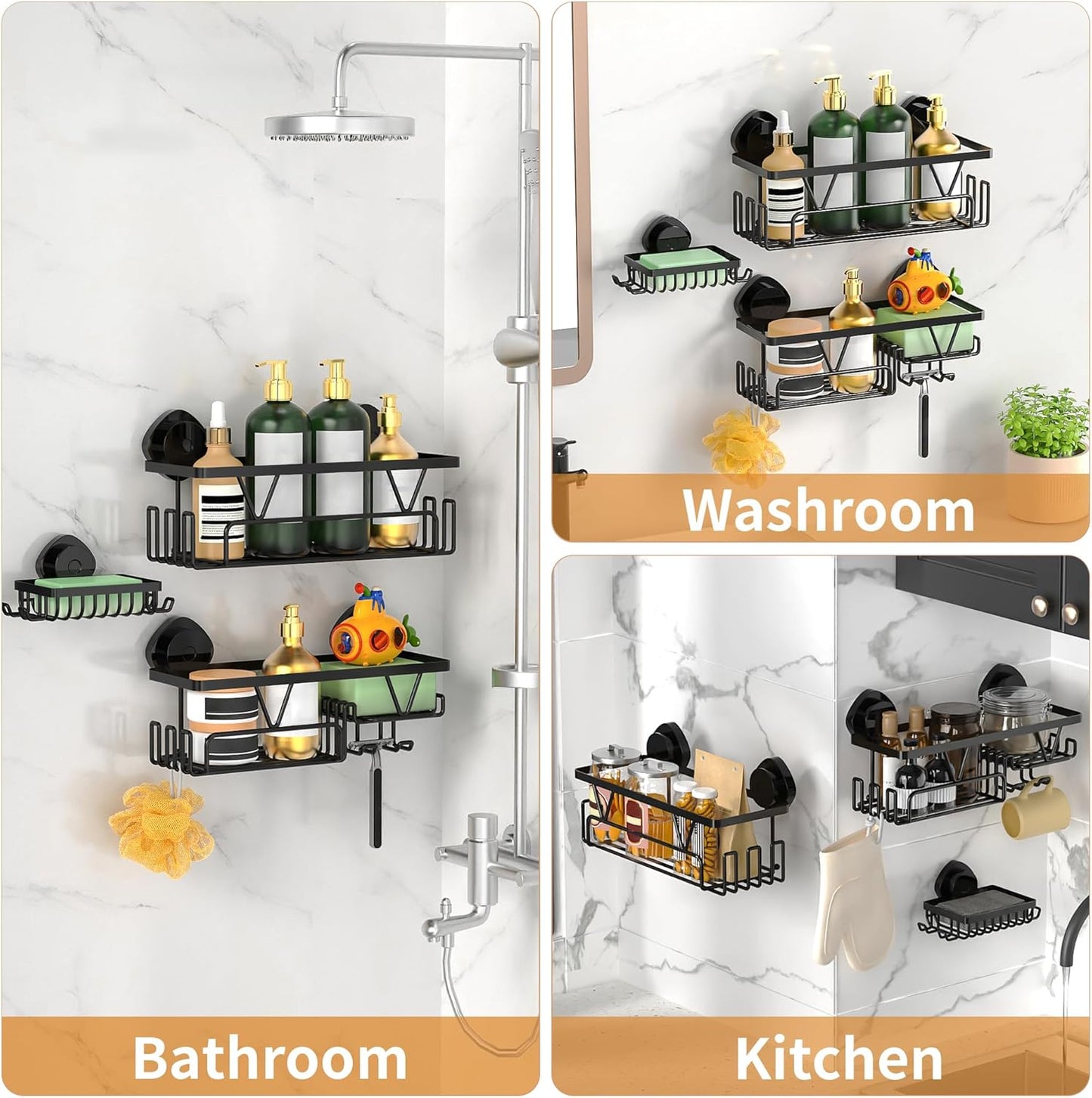 ZUNTO Shower Caddy | 3-Piece Suction Cup Organizer Set with Soap Holder & Hooks - No Drilling Required
