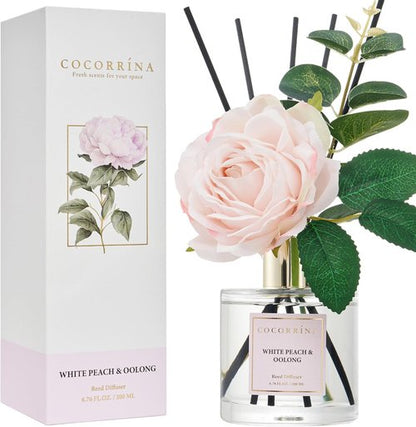 Cocorrína Flower Reed Diffuser - White Peach & Oolong 6.7oz Scented Home Fragrance with Sticks | Elegant Decor