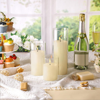 Shihanee Set of 6 Pillar Candles and Glass Cylinder Vases Clear Cylinder Holders for Slim Tall Pillar Candles Wedding Centerpieces(3.4'' x 4.7", 7", 9.8",Ivory White)