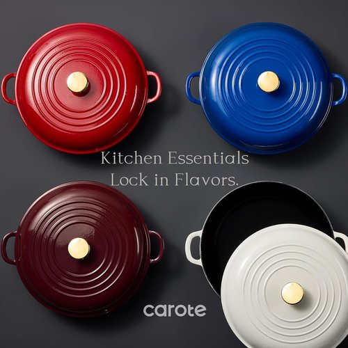 CAROTE Enameled Cast Iron Braiser Pan - 3.4QT Shallow Dutch Oven with Lid | Non-Toxic, All Stovetop Compatible, White