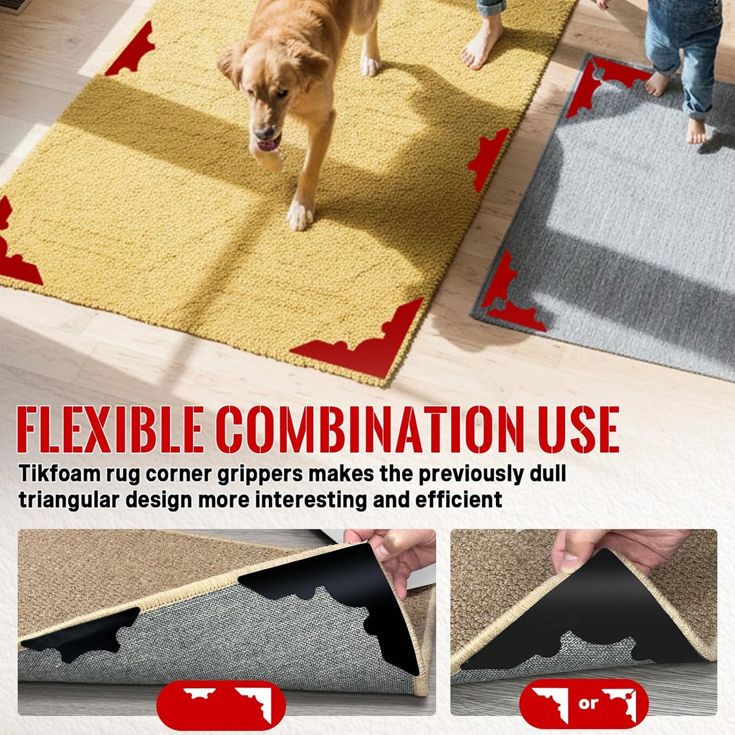 Skiennix Non-Slip Rug Grippers - Reusable Carpet Corner Stickers for Hardwood & Tile Floors | 8 Pack