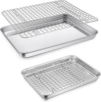 P&P CHEF Toaster Oven Pan Set - 12.5 & 9 Inch Stainless Steel Baking Tray with Cooling Rack | Dishwasher Safe & Non-Toxic