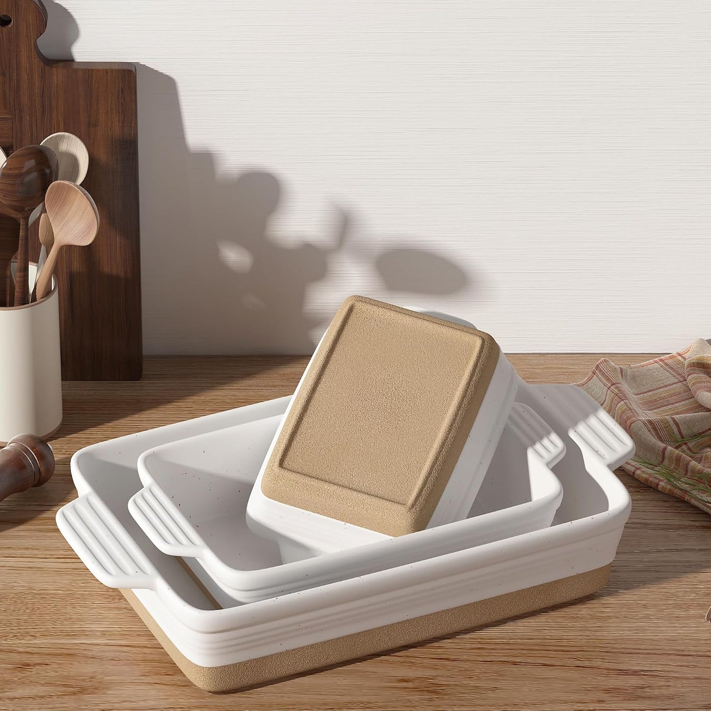 Regine Switzerland Ceramic Baking Dish - Extra Deep Casserole Set of 3 | Easy to Clean, 14.7 x 8.7 x 3 Inches, White