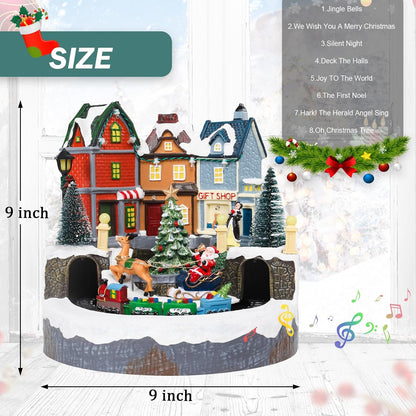 Afirst Christmas Village Houses - Lighted Collectible Figurines with Moving Train & Santa Sleigh | Musical Indoor Display