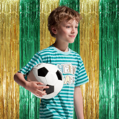 Voircoloria Green and Gold Foil Fringe Backdrop Curtains - 3 Pack Tinsel Streamers for Parties | 3.3 x 8.2 ft