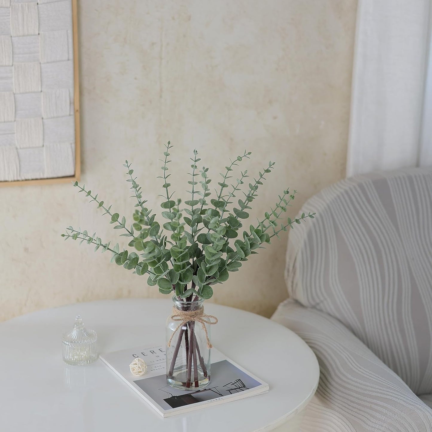 VIERENA Eucalyptus Stems - 17.5" Artificial Plant in Glass Vase with Faux Water | Sage Green Centerpiece Decor