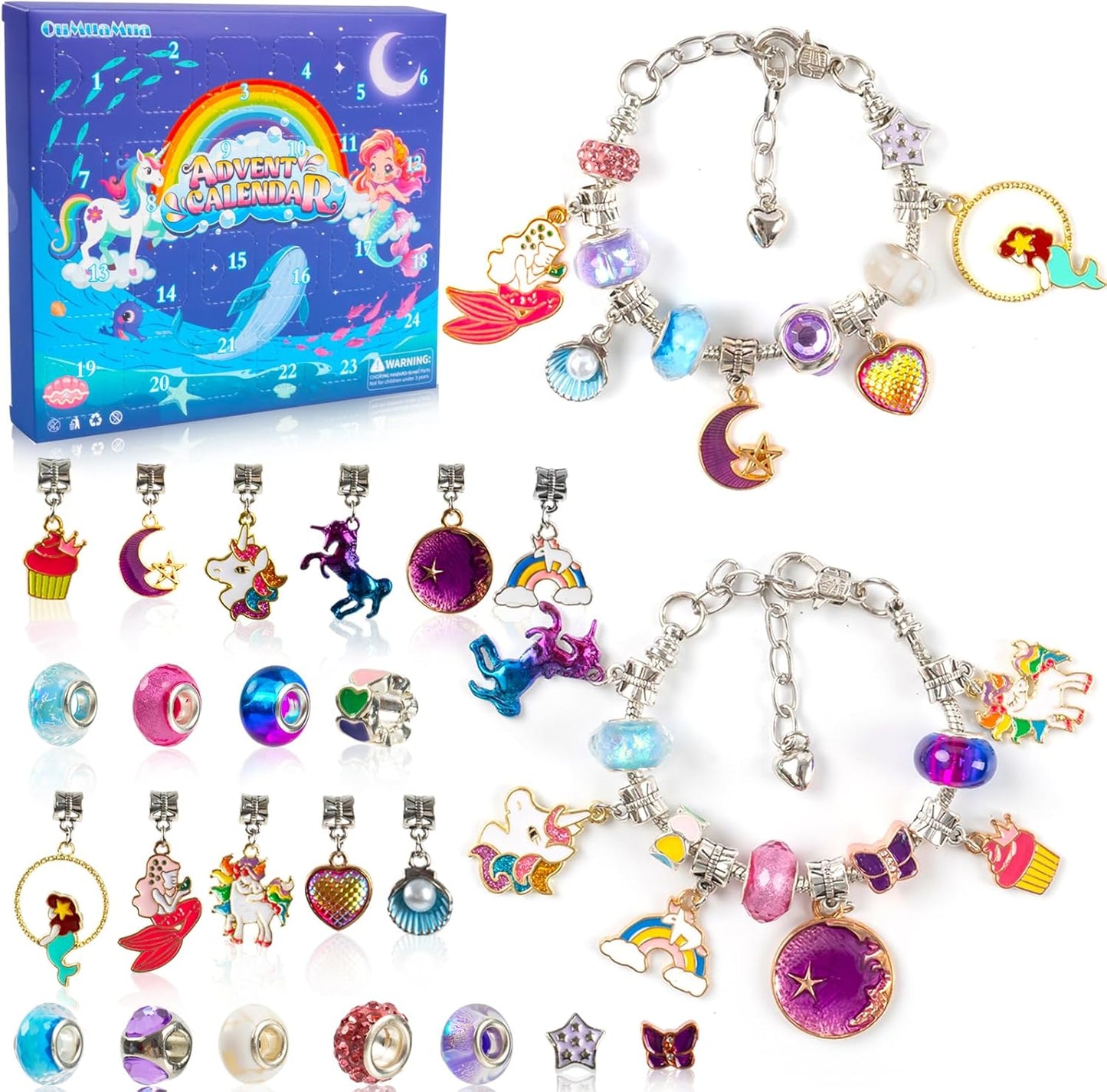 OuMuaMua Advent Calendar Charm Bracelets - 24 Days Christmas Countdown with Mermaid & Unicorn | DIY Jewelry Kit for Girls & Women