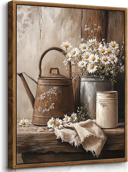 Skiennix Framed Rustic Daisy Wall Art - Vintage Country Flower Painting | 16x24in Farmhouse Decor