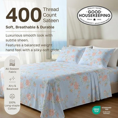 California Design Den Bed Sheets Set - Soft Cotton, 400 TC, Award-Winning Sateen Finish, Deep Pockets | Floral Blue/Pink Full Size