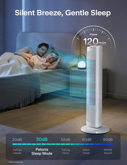 PELONIS 30-Inch Oscillating Tower Fan - 3 Speed Settings & Auto-Off Timer | Stylish White Design