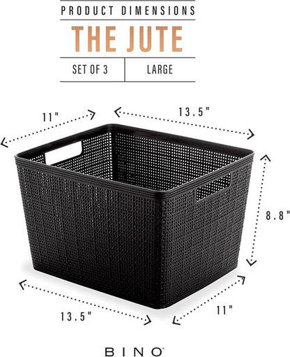 BINO Woven Plastic Basket - Large Black 3-Pack | Stylish Home Organization & Space-Saving Storage