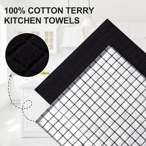Homaxy Premium Cotton Kitchen Towels - Super Absorbent 390 GSM Dish Towels | 16"x28", Black Check, 6 Pack