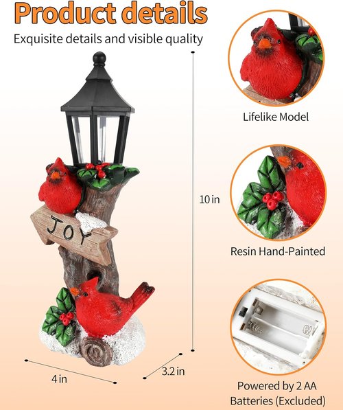 iStatue Lighted Cardinal Christmas Ornaments - 10” Resin Red Birds Lamp Post Figurine with Candle Lantern | Unique Indoor Holiday Decor Gift