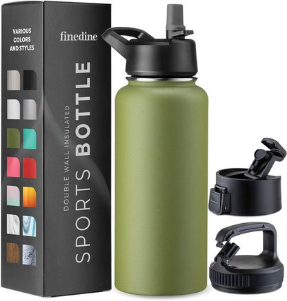 FineDine Stainless Steel Insulated Water Bottle - 32 Oz | Keeps Drinks Hot or Cold - Army Green