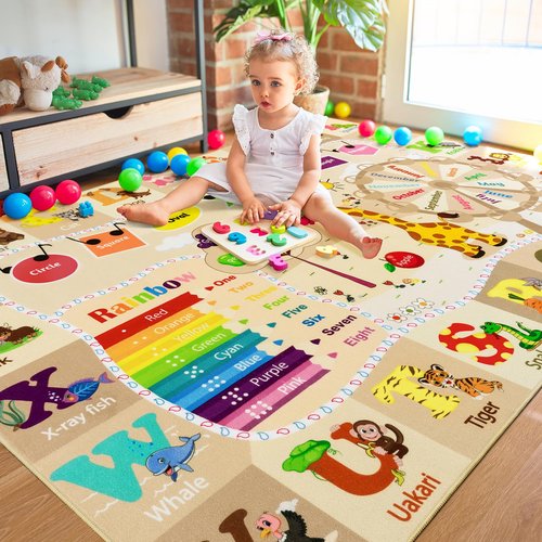 B BENRON Large Playroom Rug Daycare Kids Rug 6x9,Educational and Fun Nursery Rug with ABC Alphabet Animals Classroom Rug Washable Kids Play Mat Baby Toddler Children Girls Rugs for Bedroom,Beige