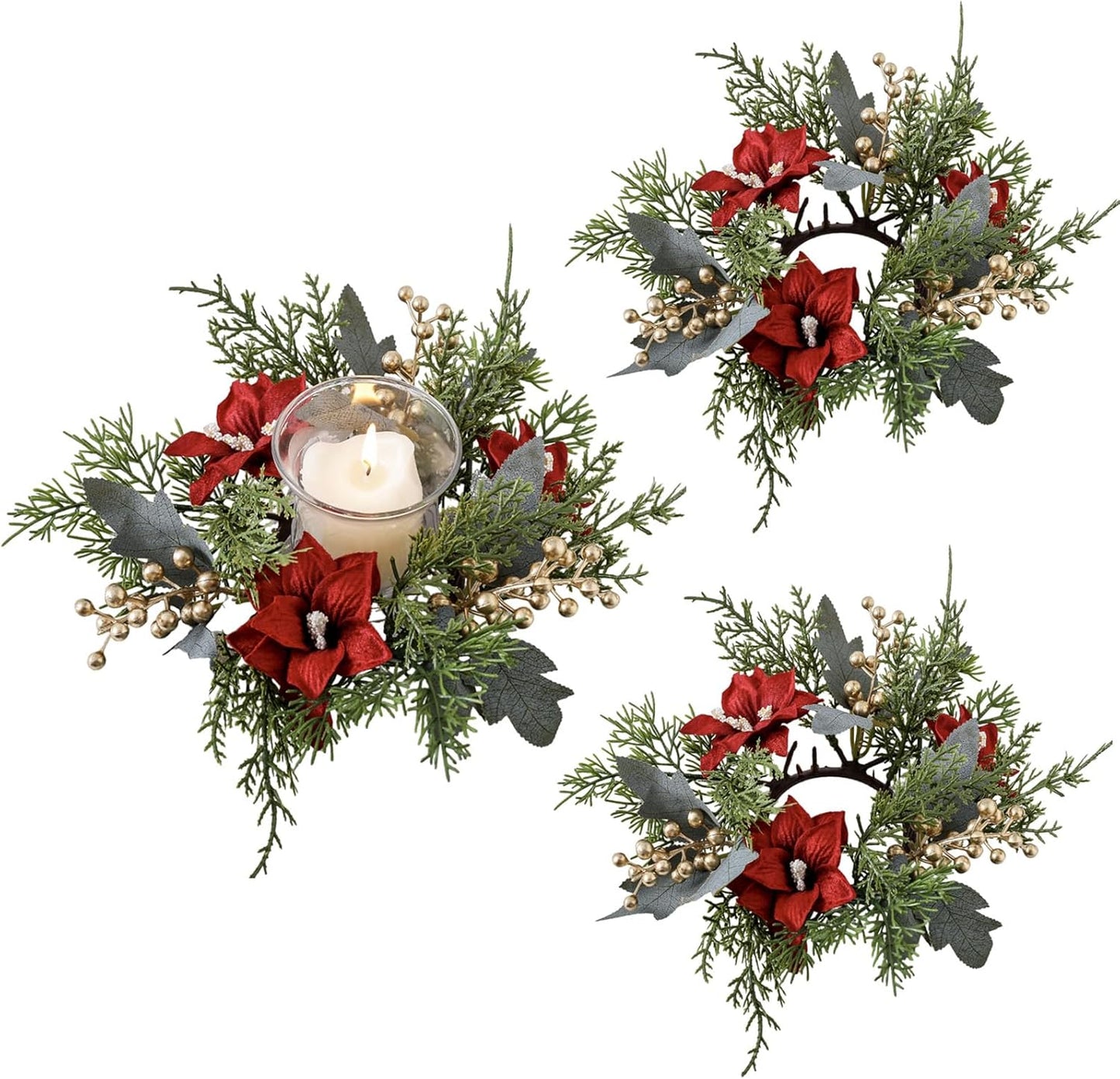 Regine Switzerland Christmas Candle Rings - Elegant Gold Berries & Pine Needles | 2-Piece Set for Winter Decor