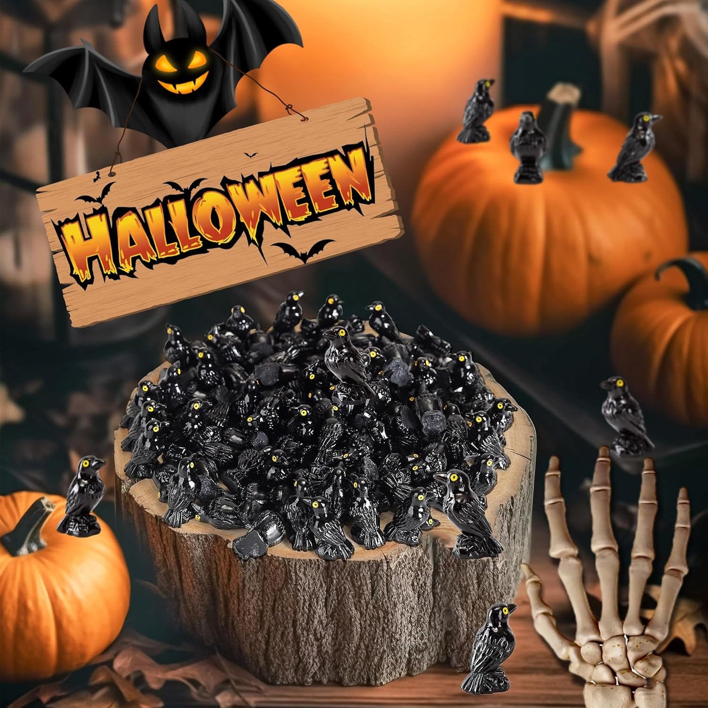 Skiennix Miniature Resin Crows - 30 Pcs Black Raven Figurines for Spooky Halloween Decor & DIY Crafts