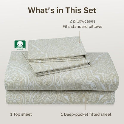 California Design Den 100% Cotton Full Size Sheet Set - 400 TC, Award-Winning Sateen Finish, Deep Pockets, Paisley Beige