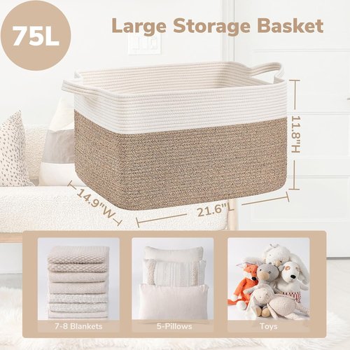 Goodpick Large Woven Blanket Basket - 21.6" x 14.9" x 11.8" Cotton Rope Storage for Living Room & Bedroom - White & Brown