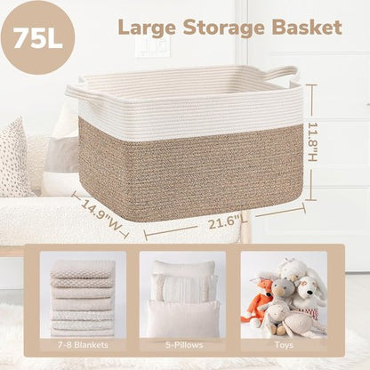 Goodpick Large Woven Blanket Basket - 21.6" x 14.9" x 11.8" Cotton Rope Storage for Living Room & Bedroom - White & Brown