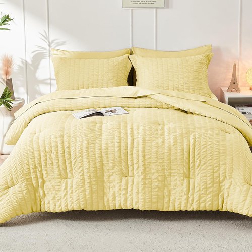HYMOKEGE Yellow Full Size Comforter Sets Seersucker 7 Pieces, All Season Luxury Bed in a Bag for Bedroom, Bedding Set with Comforter, Sheets, Pillowcases & Shams