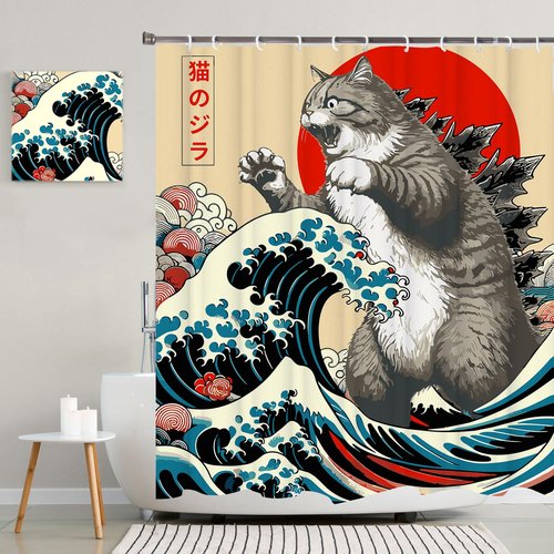 LKFBSC Funny Japanese Cat Shower Curtain, Vintage Cat Art Japan Anime Sunset Wave Waterproof Shower Curtain with Hooks, Animal Fabric Shower Curtains Bathroom Decor 72X72inches
