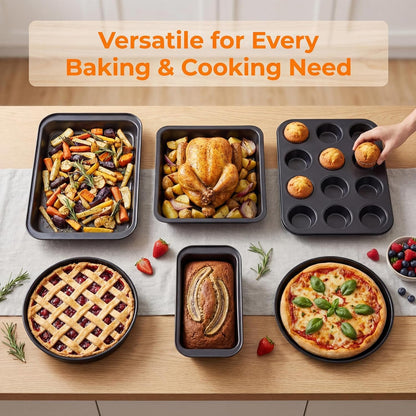 Skiennix Nonstick Baking Set - 6-Piece Bakeware Set with Roasting Pan, Cookie Sheet & More | Oven & Dishwasher Safe Carbon Steel
