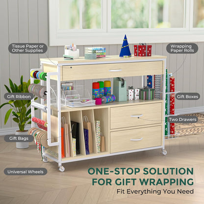 Skiennix Wrapping Paper Organizer - Stylish Craft Cart with Ribbon & Gift Bag Storage | Oak Finish, 3 Drawers