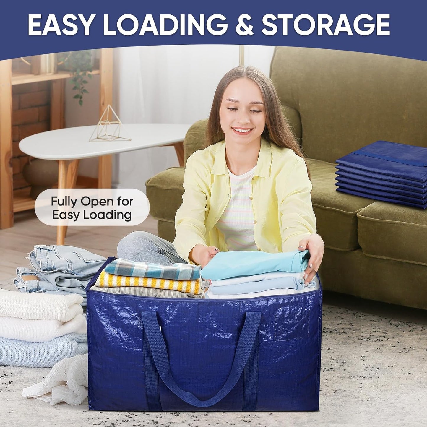 TICONN Extra Large Heavy-Duty Moving Bags - Durable Zippered Storage Bags with Handles | 6 Pack, Navy