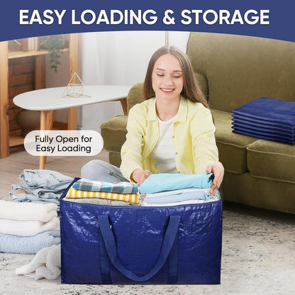 TICONN Extra Large Heavy-Duty Moving Bags - Durable Zippered Storage Bags with Handles | 6 Pack, Navy