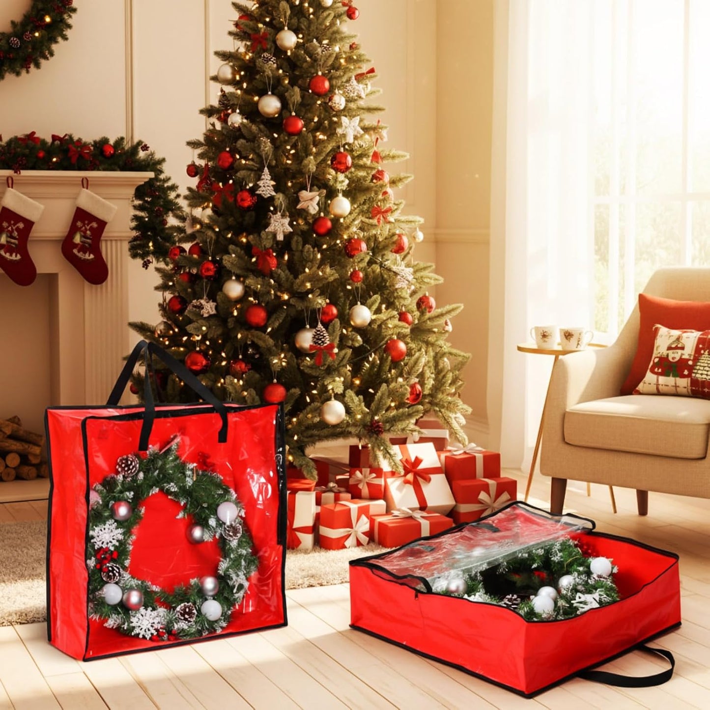 Storage Bags - Oversized 25 Gallon Zipper Tote Bags for Clothes & Decorations | 6 Pack, Red 26 x 26 x 8.7 Inches