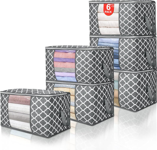 Skiennix 90L Large Storage Bags - Durable Closet Organizer for Clothes, Comforters & Toys | 6 Pack