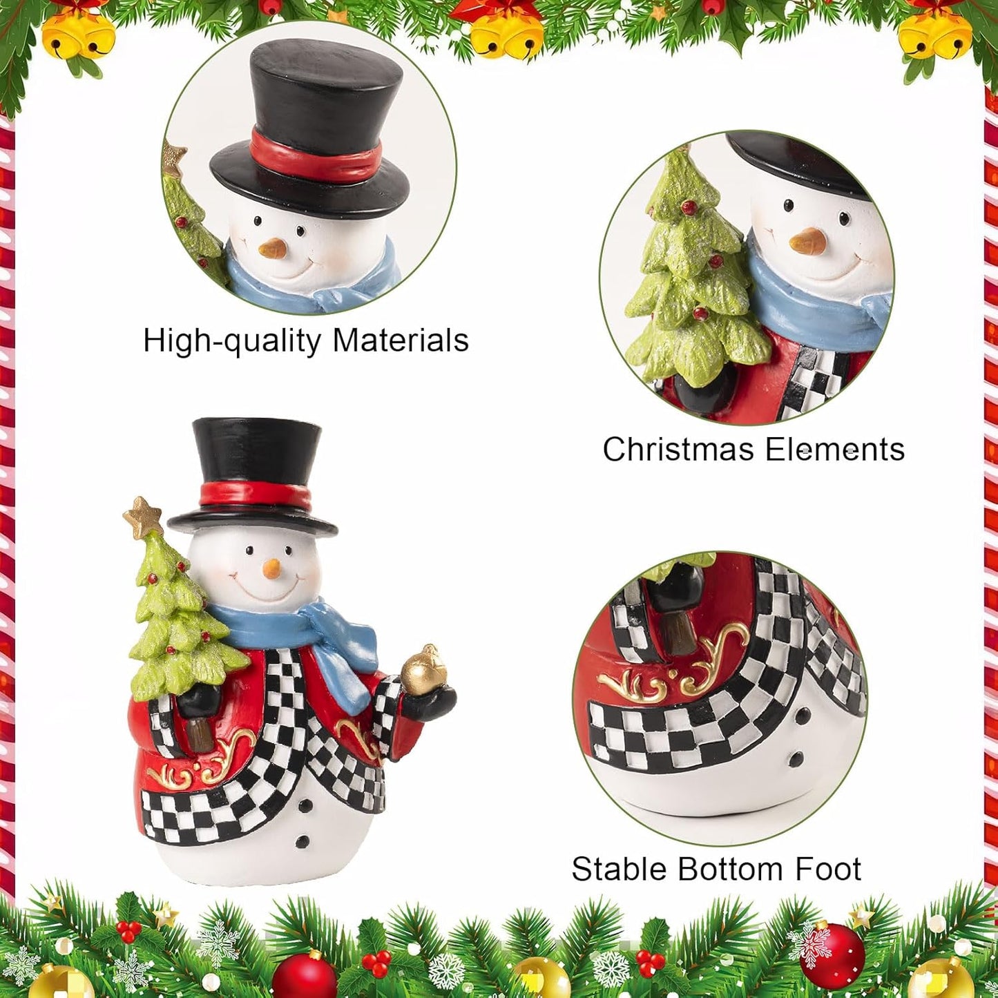 Snowman Figurines - 7.1x4.9 Inch Resin Black and White Checkered Christmas Decor | Indoor Holiday Tabletop Accent