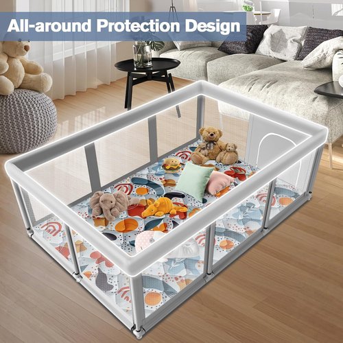 Large Baby Playpen - Sturdy Safety Play Yard with Soft Breathable Mesh & Mat | 74" x 50" Indoor/Outdoor