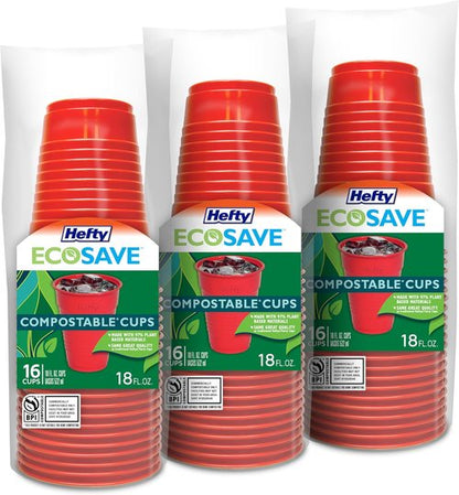 Hefty EcoSave Compostable Party Cups - Red 18 oz | 48 Total Cups (16 Count Pack of 3)