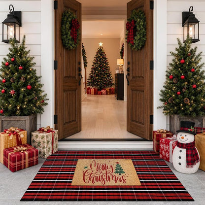 Buffalo Plaid Door Mat Outdoor 35"x59" red black Christmas Front Porch Rug - Variation: Christmas Red + 3' x 5'