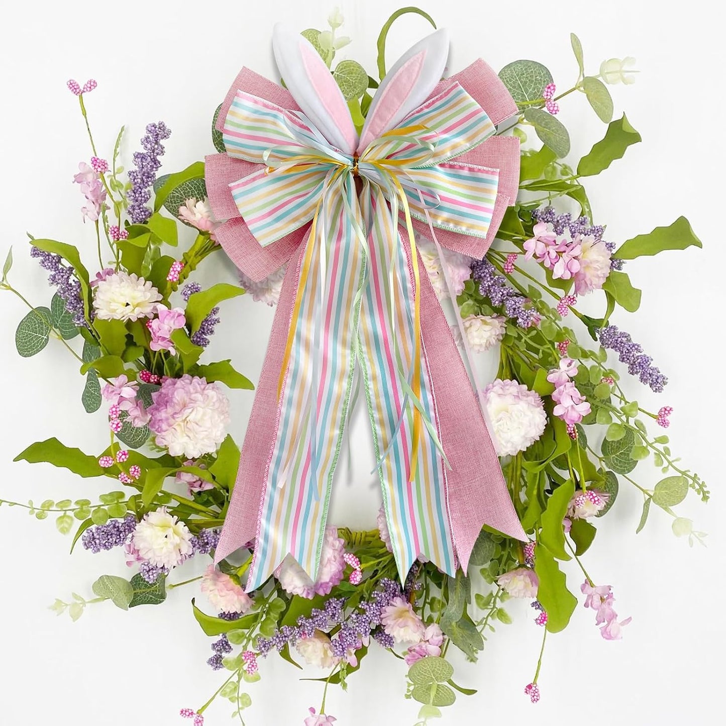 Skiennix Large Easter Pink Burlap Bow - 11.5" x 20" with Bunny Ears for Wreaths & Gift Baskets