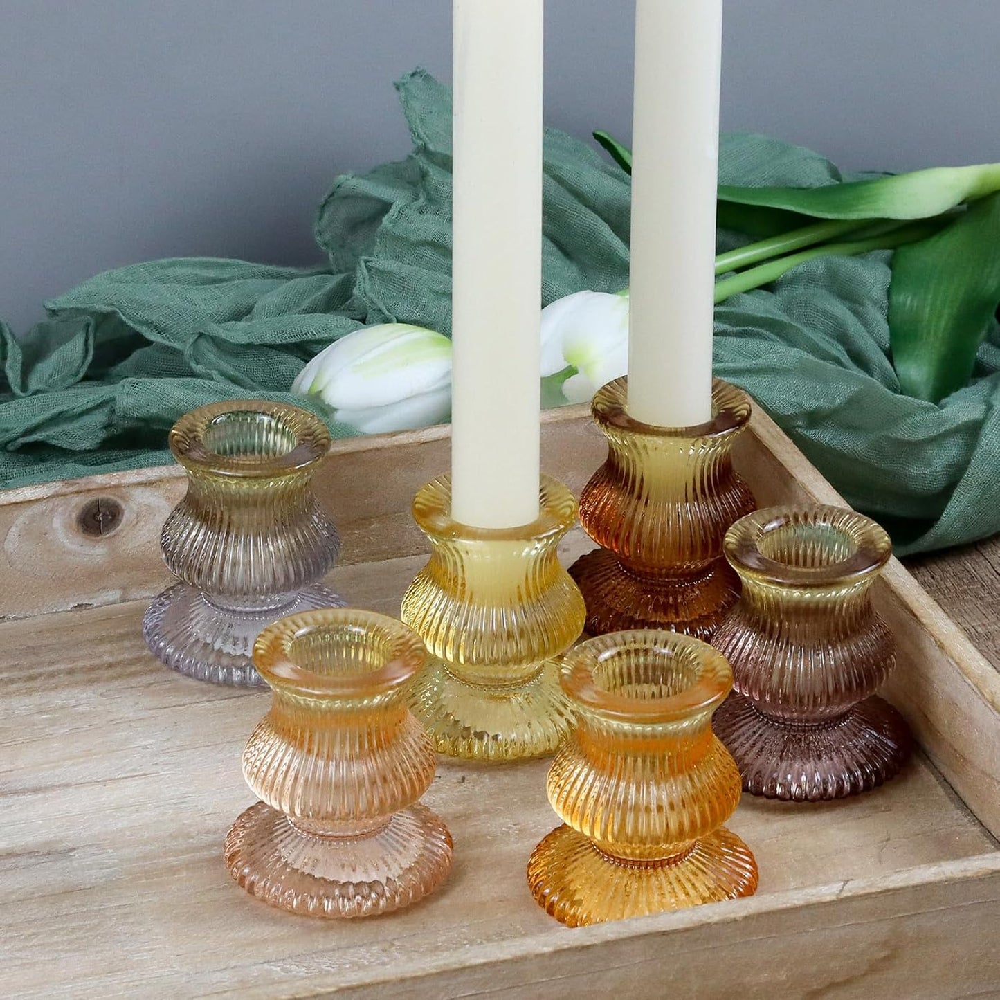 WDHODEC Orange Candlestick Holders - 12PCS Colorful Gradient Glass Taper Holders for Weddings & Parties
