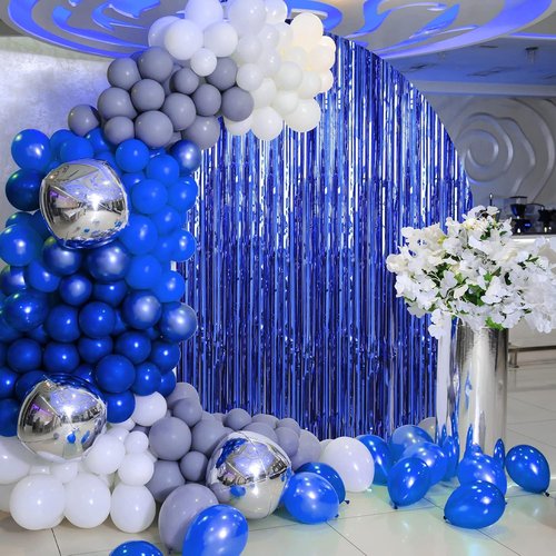 Crosize Dark Blue Foil Fringe Backdrop Curtains - 3 Pack | 3.3 x 9.9 ft Streamer Decorations for Parties