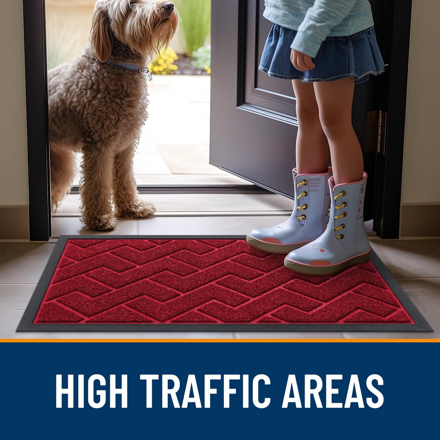 OLANLY Front Door Mat Indoor Outdoor Entrance, Waterproof All-Season, All-Weather Doormat, Sturdy Natural Rubber, Low Profile, Easy Clean Patio Porch Entryway Mat, Herringbone Brick (Wine Red, 47x23)