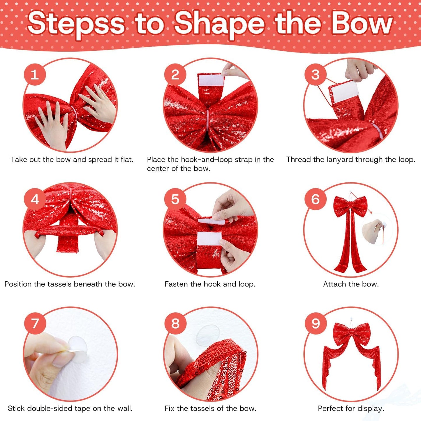 Skiennix Sequin Giant Bow - Oversized Red Decoration with Long Ribbon | 75 x 23 Inch for Weddings & Parties