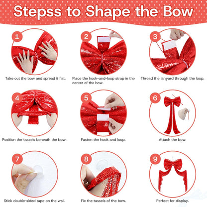 Skiennix Sequin Giant Bow - Oversized Red Decoration with Long Ribbon | 75 x 23 Inch for Weddings & Parties