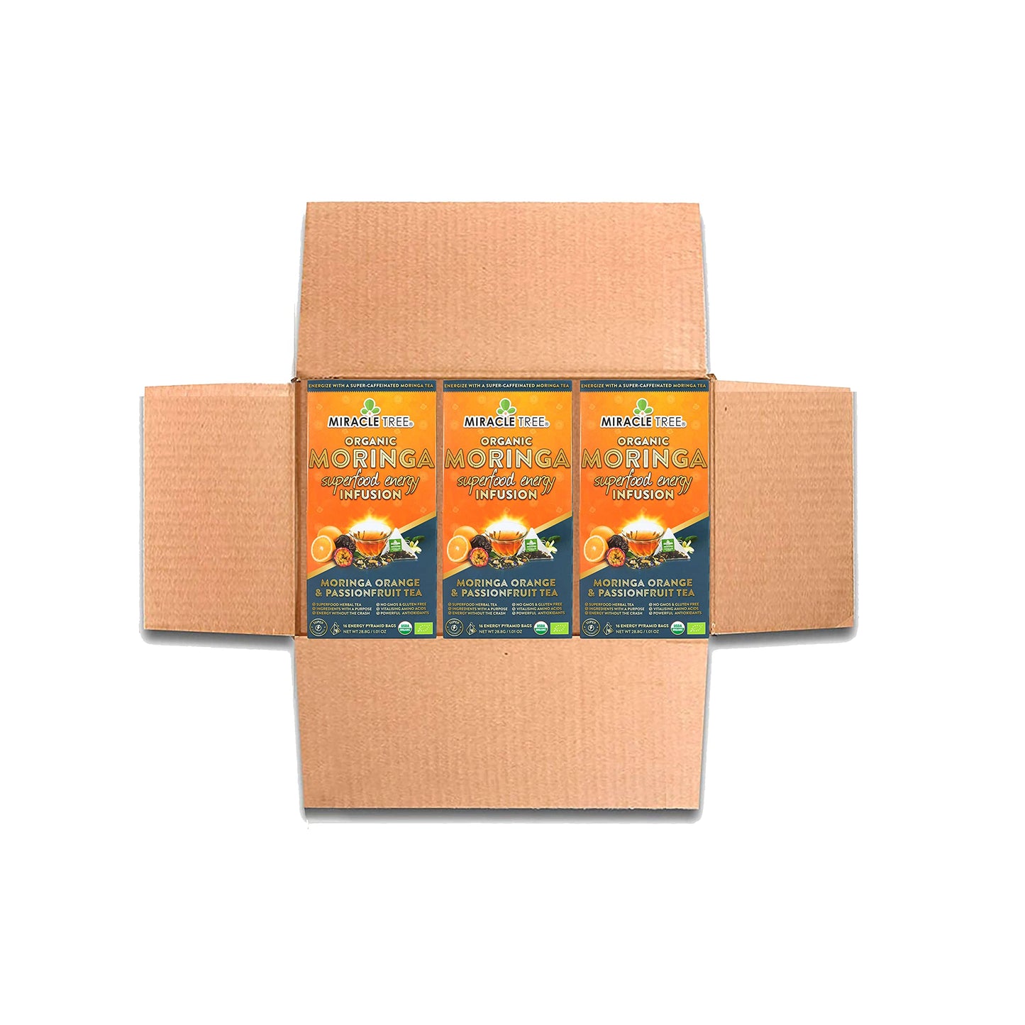 Miracle Tree's Moringa Energy Tea - Orange & Passionfruit | Super Caffeinated Blend | Healthy Coffee Alternative, Perfect for Focus | Organic Certified & Non-GMO | 3 X 16 Pyramid Sachets