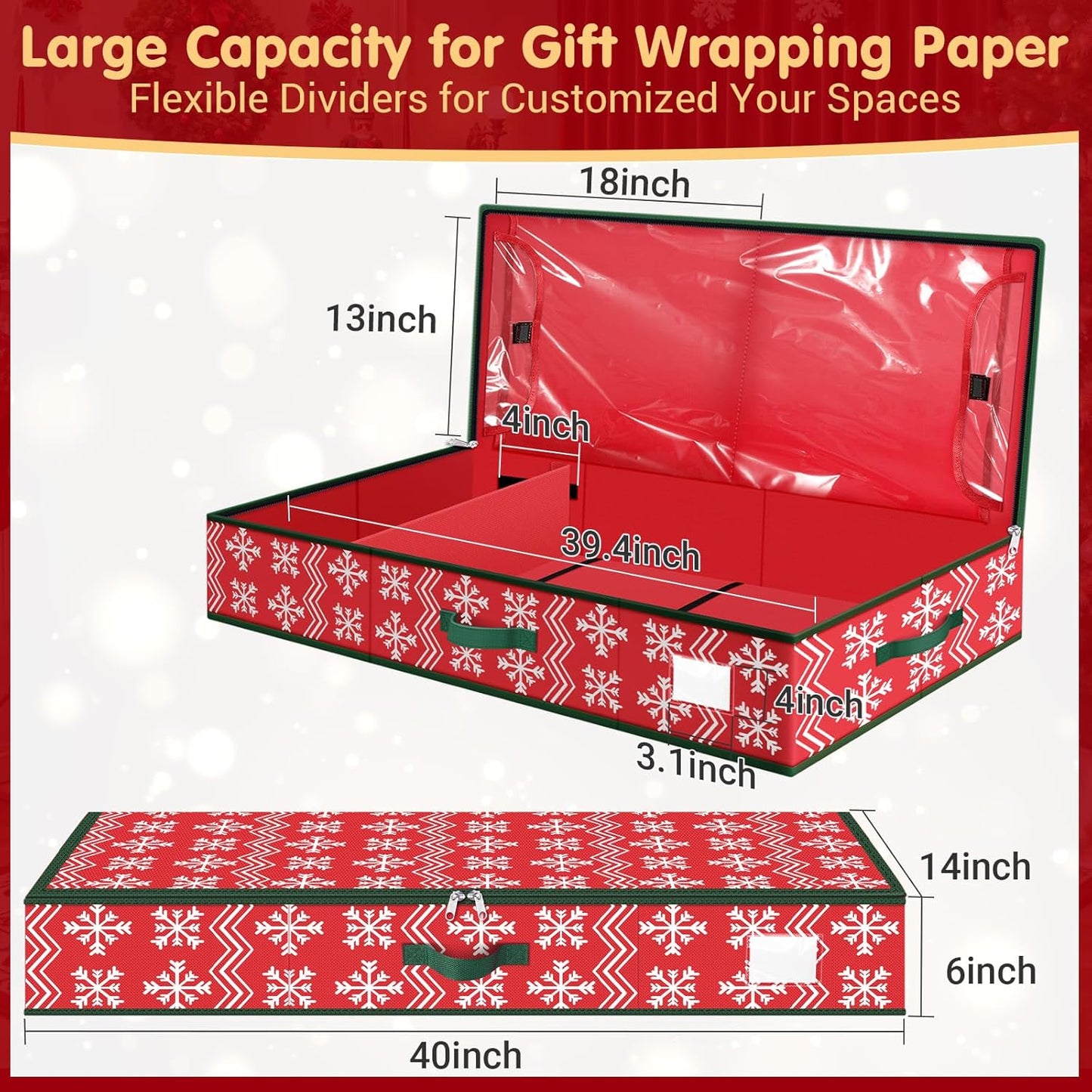 Skiennix Christmas Wrapping Paper Organizer - Flexible Partition & Pockets for Holiday Storage | Red Wave & Snowflake Design
