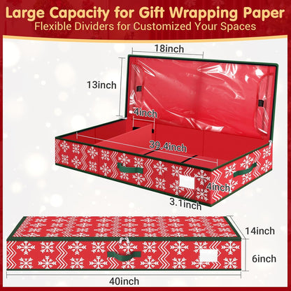 Skiennix Christmas Wrapping Paper Organizer - Flexible Partition & Pockets for Holiday Storage | Red Wave & Snowflake Design