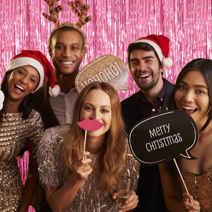 Pink Metallic Tinsel Foil Curtains by [Brand Name] - 2 Pack Photo Booth Backdrop for Parties & Events