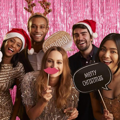 Foil Curtain Backdrop by [Brand Name] - Pink Metallic Tinsel Fringe for Parties & Events | 10 Pack