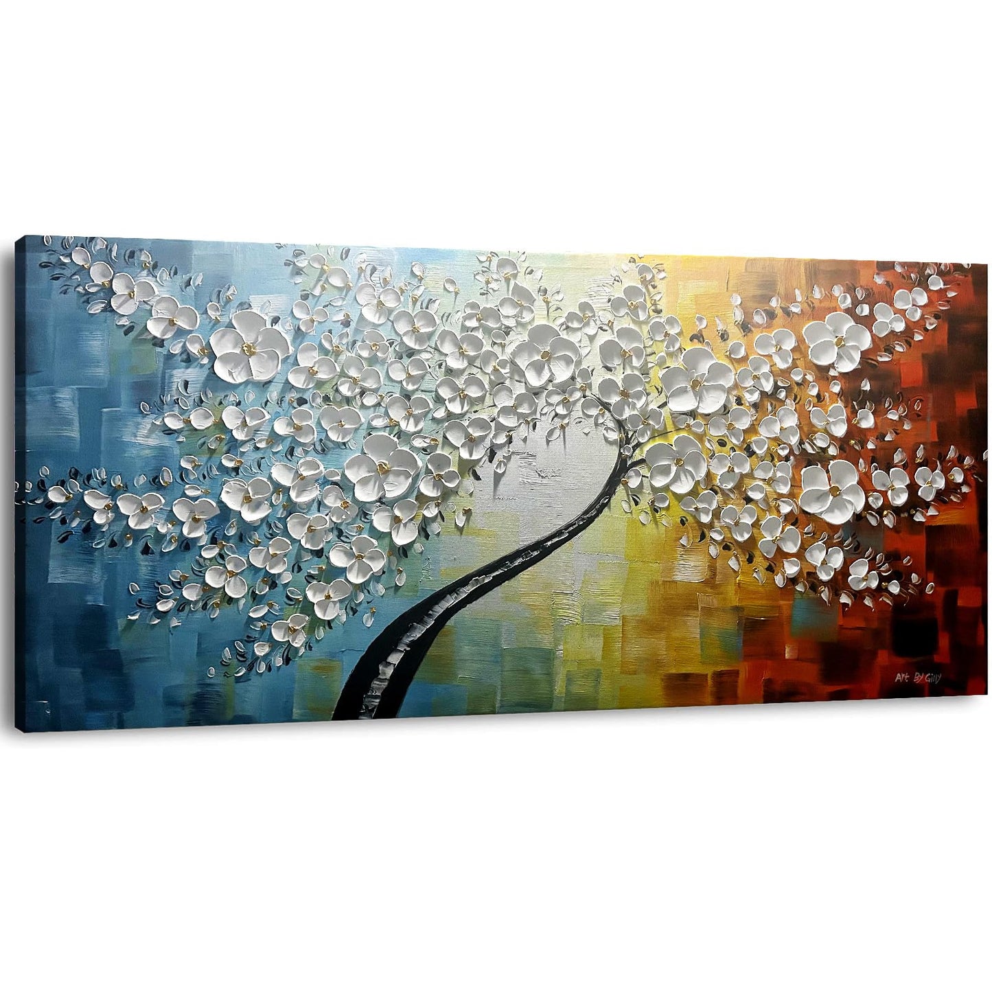 NEATKA 100% hand-painted Modern Hand Painted Abstract Lucky Tree Canvas Art Golden Flower 3D Oil Painting Canvas Modern Home Interior Decor Abstract Art 3D Flowers Paintings Ready to hang 24x48inch