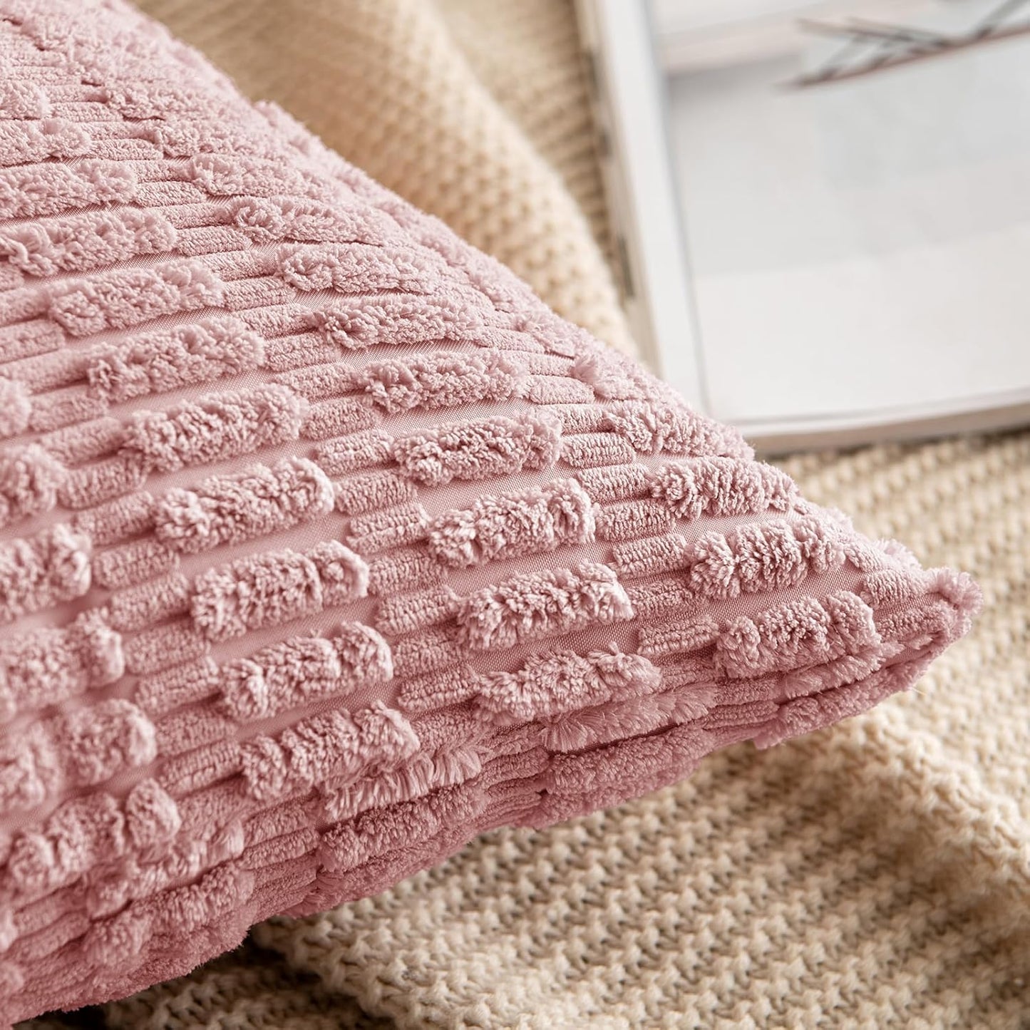 MIULEE Corduroy Throw Pillow Covers - Soft Boho Striped Design | 18x18 Inch Blush Pink Decor for Sofa & Bed