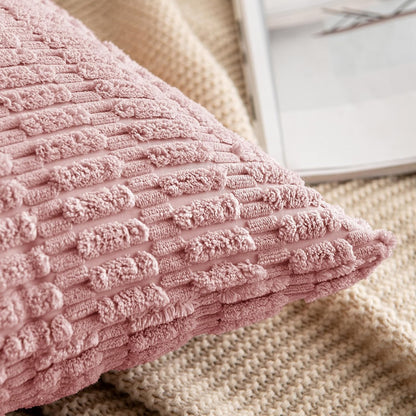 MIULEE Corduroy Throw Pillow Covers - Soft Boho Striped Design | 18x18 Inch Blush Pink Decor for Sofa & Bed